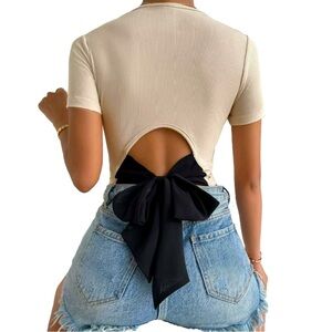 Apricot Dolman-Cap Sleeve Ribbed T-Shirt Sexy Black Satin Bow In Back Junior XXL